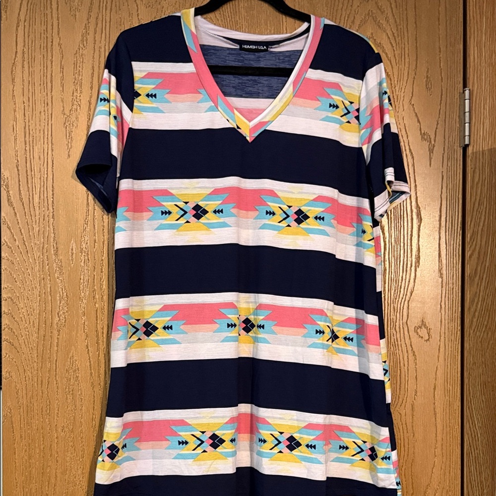 HEIMISH USA V-Neck Tee with Aztec Pattern - Navy, Pink, Yellow